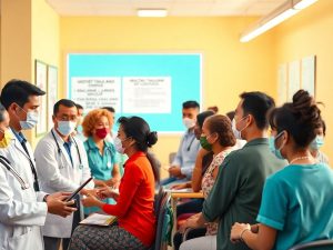 Oameni la un control medical într-o clinică.