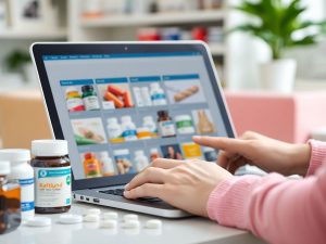 Persoană cumpărând medicamente online, laptop și produse farmaceutice.