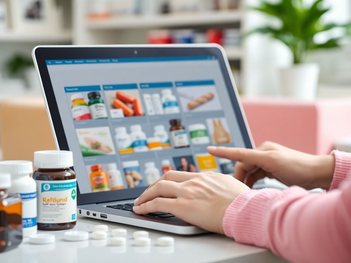 Persoană cumpărând medicamente online, laptop și produse farmaceutice.