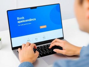 Persoană rezervând o programare medicală online la laptop.