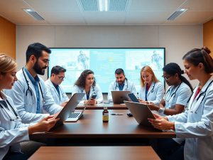 Profesioniști medicali învățând online într-o sală de clasă.