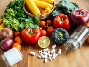 Fructe și legume proaspete pe o masă de lemn.