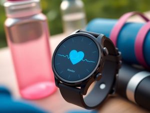Ceas smartwatch cu monitorizare ritm cardiac pe fundal natural.