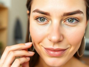 Femeie examinându-și pielea acasă cu lumină naturală.