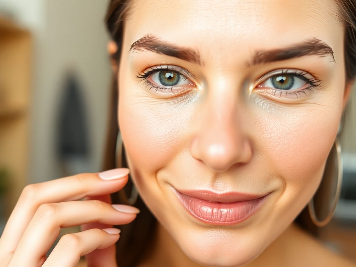Femeie examinându-și pielea acasă cu lumină naturală.