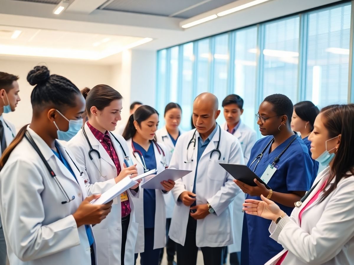 Profesioniști medicali zâmbitori la o conferință.