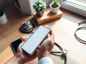 Mână ținând smartphone lângă stetoscop și pastile pe birou luminat