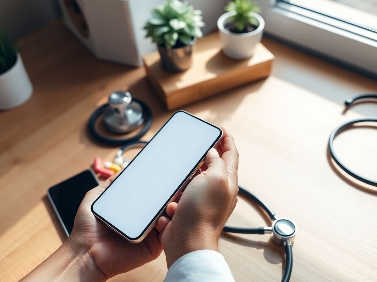Mână ținând smartphone lângă stetoscop și pastile pe birou luminat