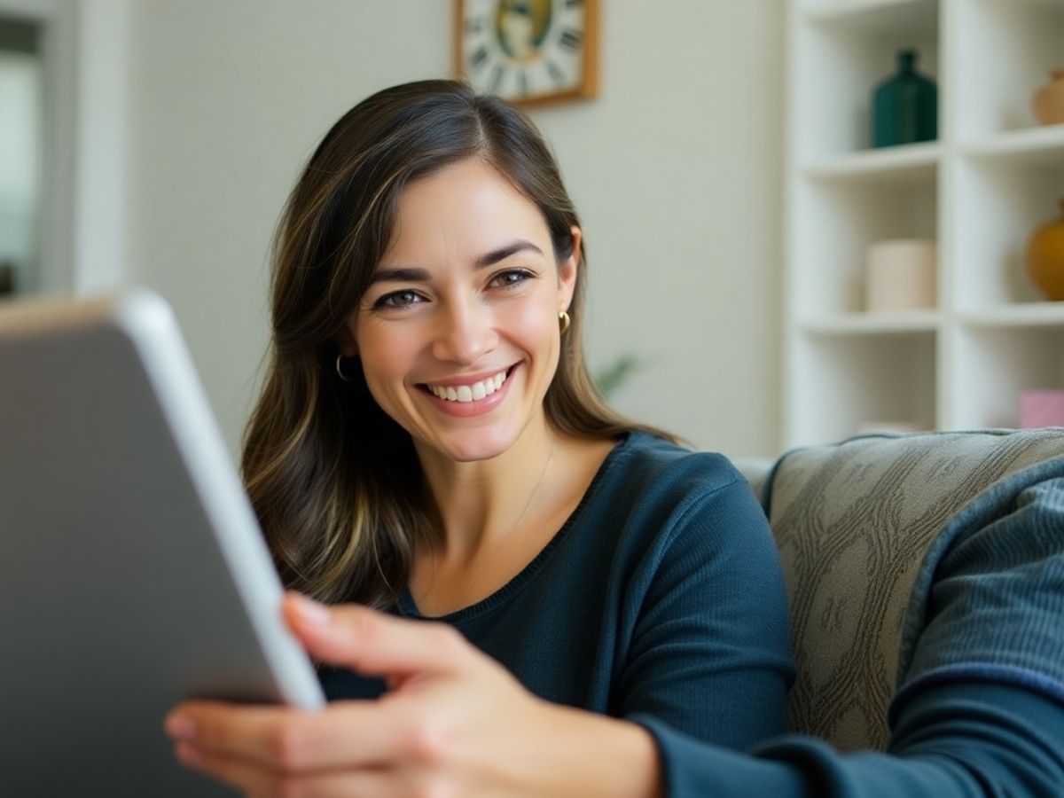 Femeie zâmbind în timp ce vorbește cu un medic prin apel video.