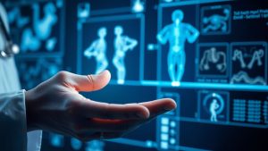 Mâini pe o interfață digitală medicală luminoasă.