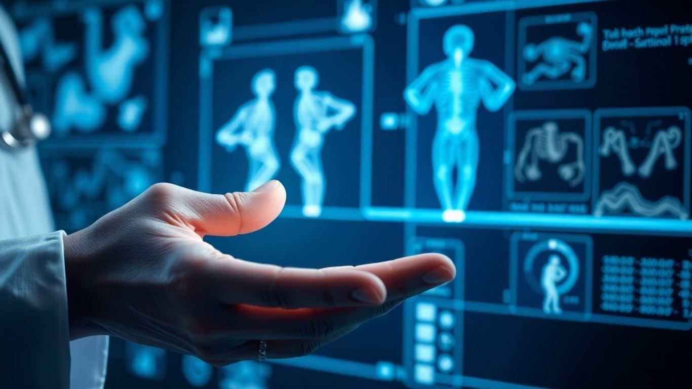 Mâini pe o interfață digitală medicală luminoasă.