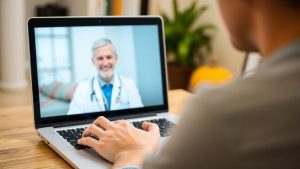 Doctor pe ecranul laptopului oferind diagnostic