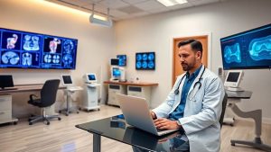 Doctor folosind videoconferință într-un cabinet medical modern