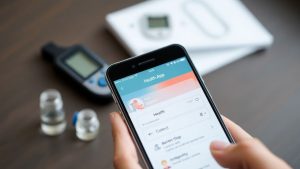 Mâini cu telefon inteligent și glucometru pentru diabet.